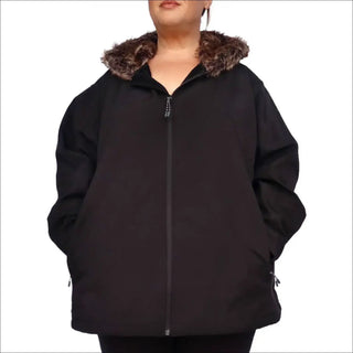 Plus Size Alta Faux Fur Soft Shell Jacket Coat with Hood and Fur Trim for Women