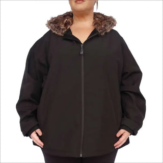Black hooded jacket with fur trim from Women’s Plus Size Alta Faux Fur Soft Shell Jacket