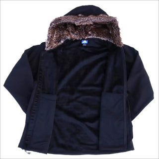 Open black parka with fur-lined hood from Womens Plus Size Alta Faux Fur Soft Shell Jacket Coat Fall Spring