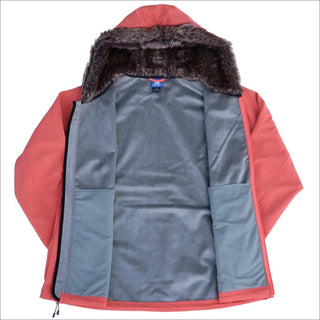 Open coral-colored winter coat with fur-lined hood from Women’s Plus Size Alta Faux Fur Jacket