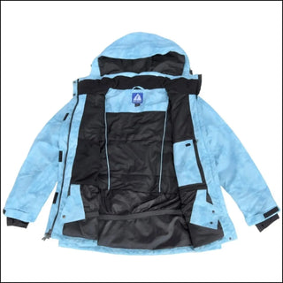 Open light blue and black insulated winter snow ski jacket for women in plus sizes