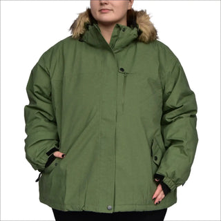 Green winter parka with fur trim from Snow Country Outerwear Women’s Plus Size Fortress ski coat