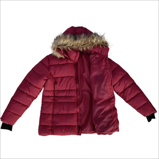 Maroon puffer jacket with fur-trimmed hood from Snow Country Outerwear Women’s Plus Size Winter Ski Coat