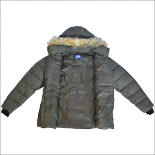 Open olive green puffer jacket with fur-trimmed hood from Snow Country Outerwear Women’s Plus Size Winter Ski CoatJacket 1X-6X Luna