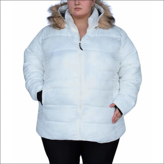 White puffer jacket with fur-trimmed hood from Snow Country Outerwear Women’s Plus Size Winter Ski Coat
