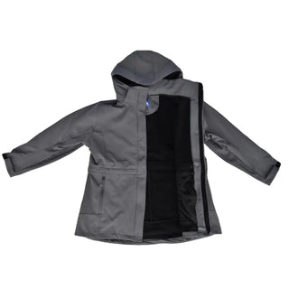 Open gray hooded jacket from Women’s Plus Size Stowe Mid Length Soft Shell Jacket