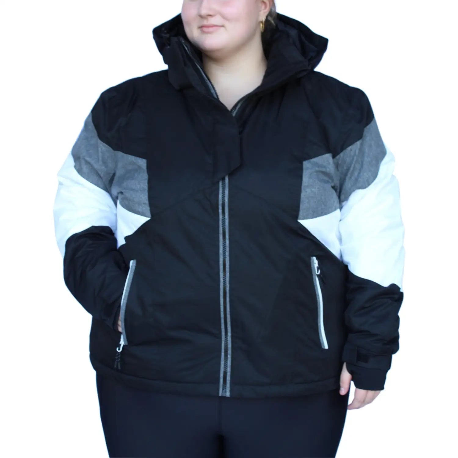 Black gray and white hooded winter jacket from Snow Country Outerwear for women