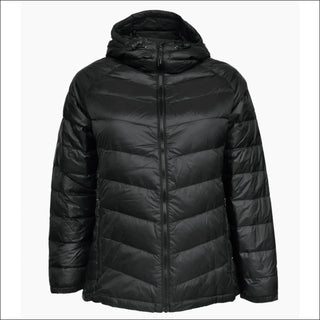 Women’s Plus Size 1X-6X packable black hooded puffer jacket for spring and fall outerwear