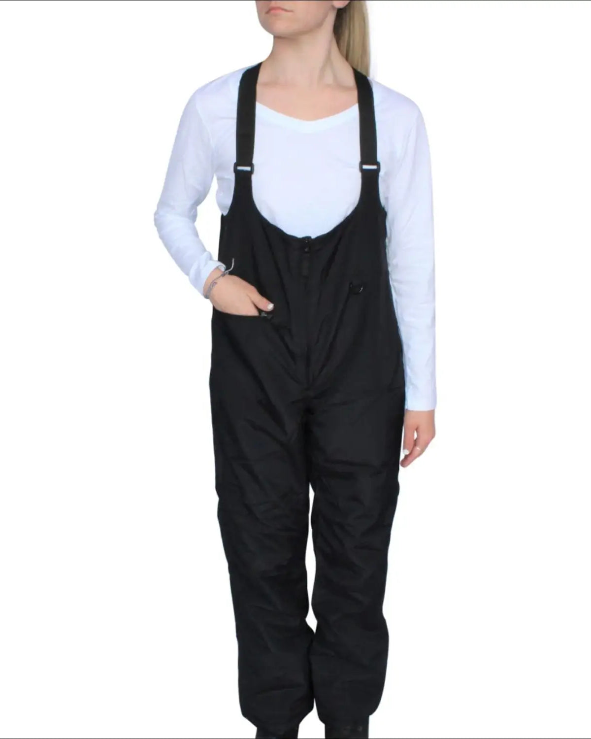 Black insulated bib overalls shown in Snow Country Outerwear Women’s ski bibs collection