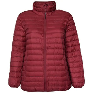 Maroon quilted puffer jacket from Sportcaster Women’s Plus Size Packable Down Jacket 1X CLEARANCE