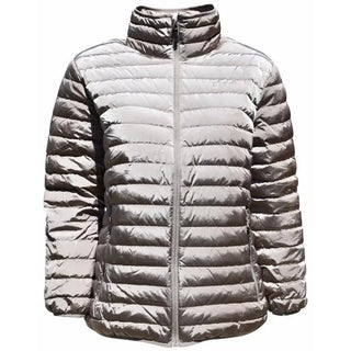 Padded silver puffer jacket from Sportcaster Women’s Plus Size Packable Down Jacket collection