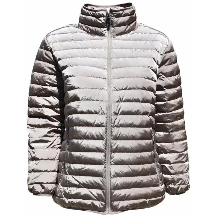 Padded silver puffer jacket from Sportcaster Women’s Plus Size Packable Down Jacket collection