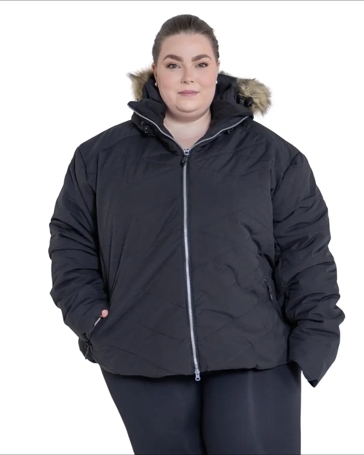 Black puffer jacket with fur-trimmed hood from Snow Country Outerwear Women’s Plus Size Ski Coat