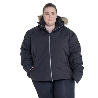 Black puffer jacket with fur-trimmed hood from Snow Country Outerwear Women’s Plus Size Ski Coat