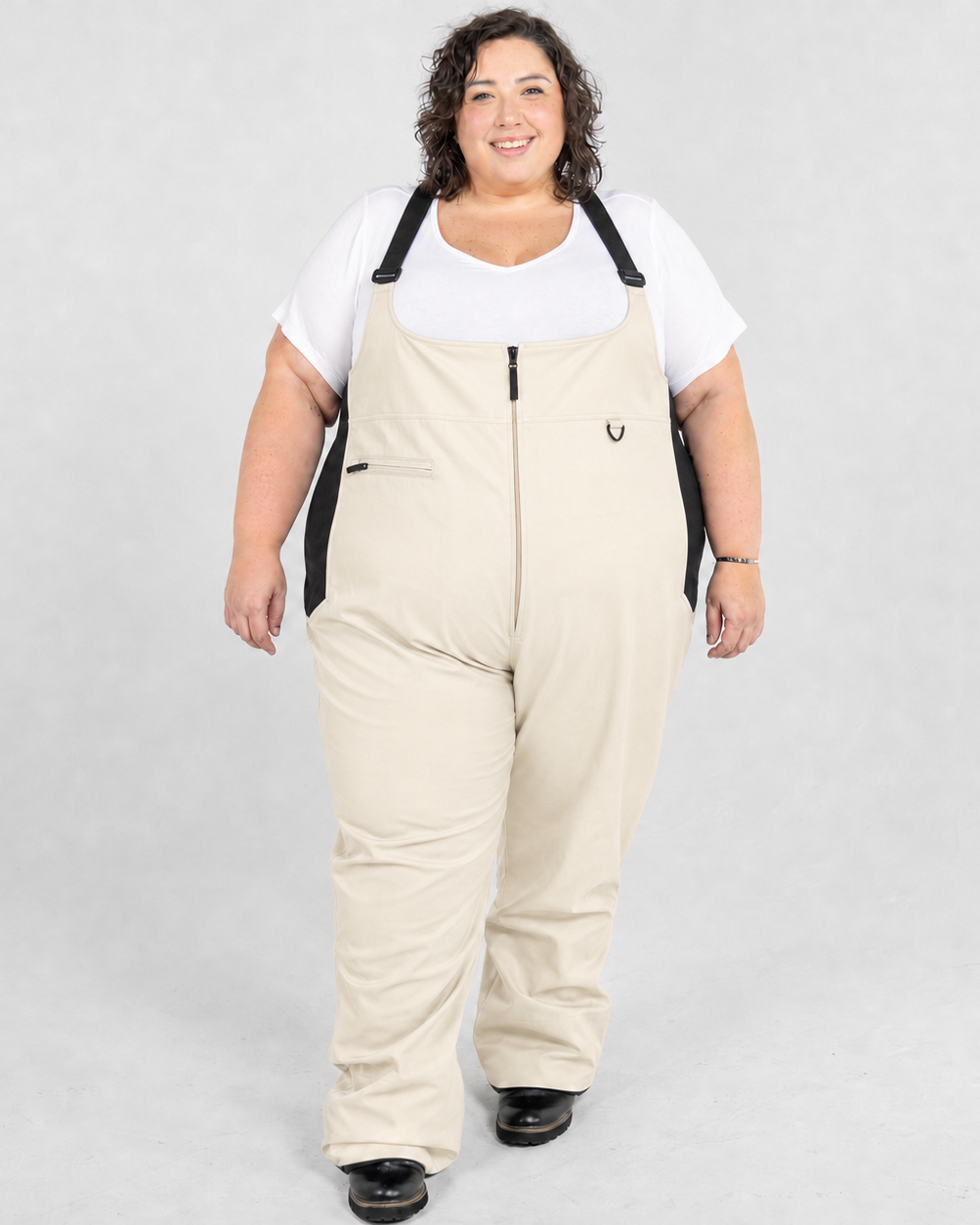 Vanilla plus size soft shell ski snow bibs, front view on model, sizes 1X to 6X