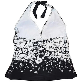 Black and white floral halter tankini top for plus size swimwear by Heat Women’s