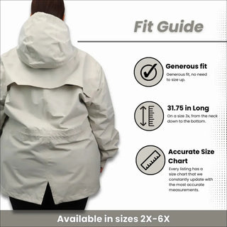 Beige plus-size waterproof rain jacket hooded parka with fit guide for Women’s Manchester coat