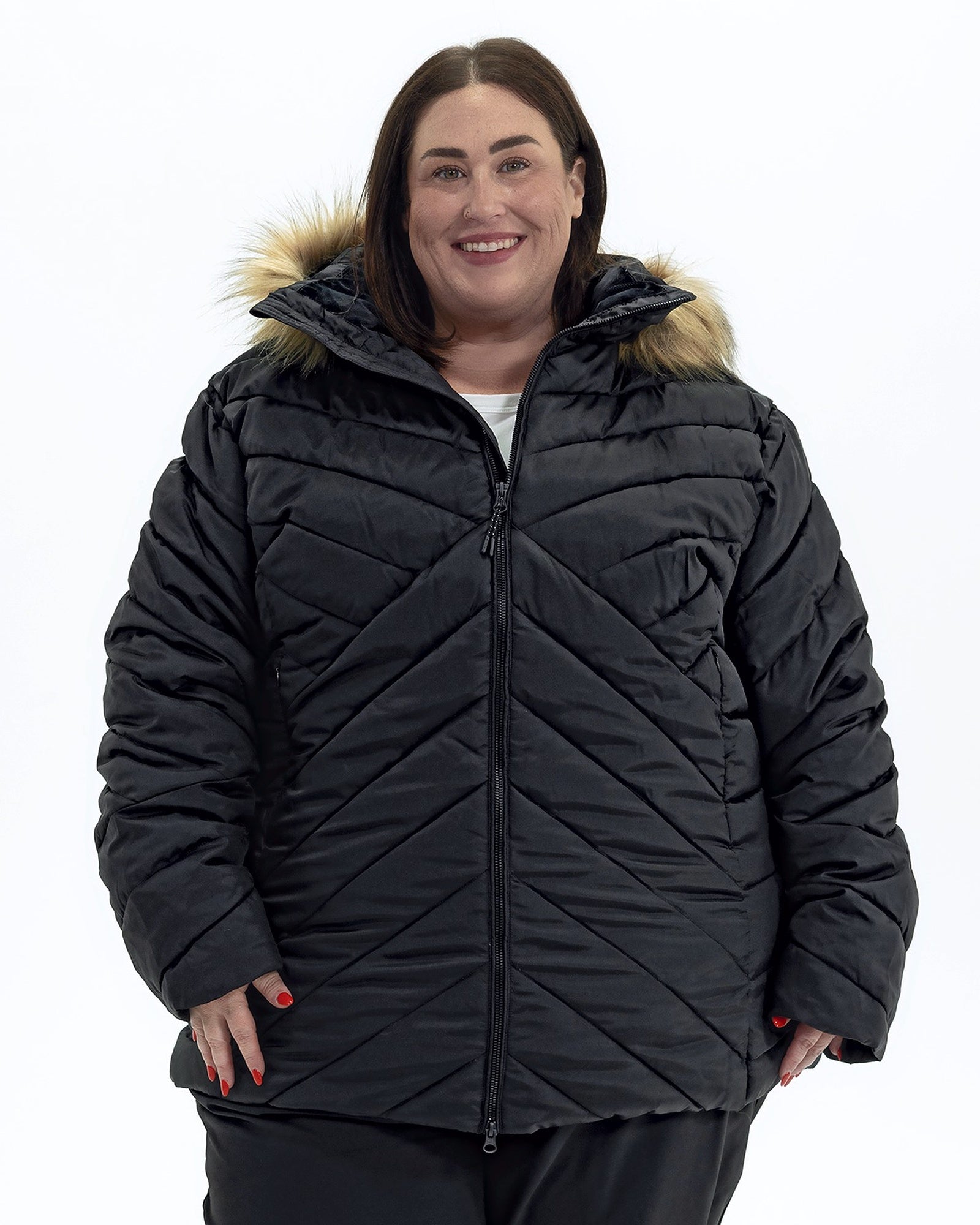Black Axtell plus size hooded winter parka, front view
