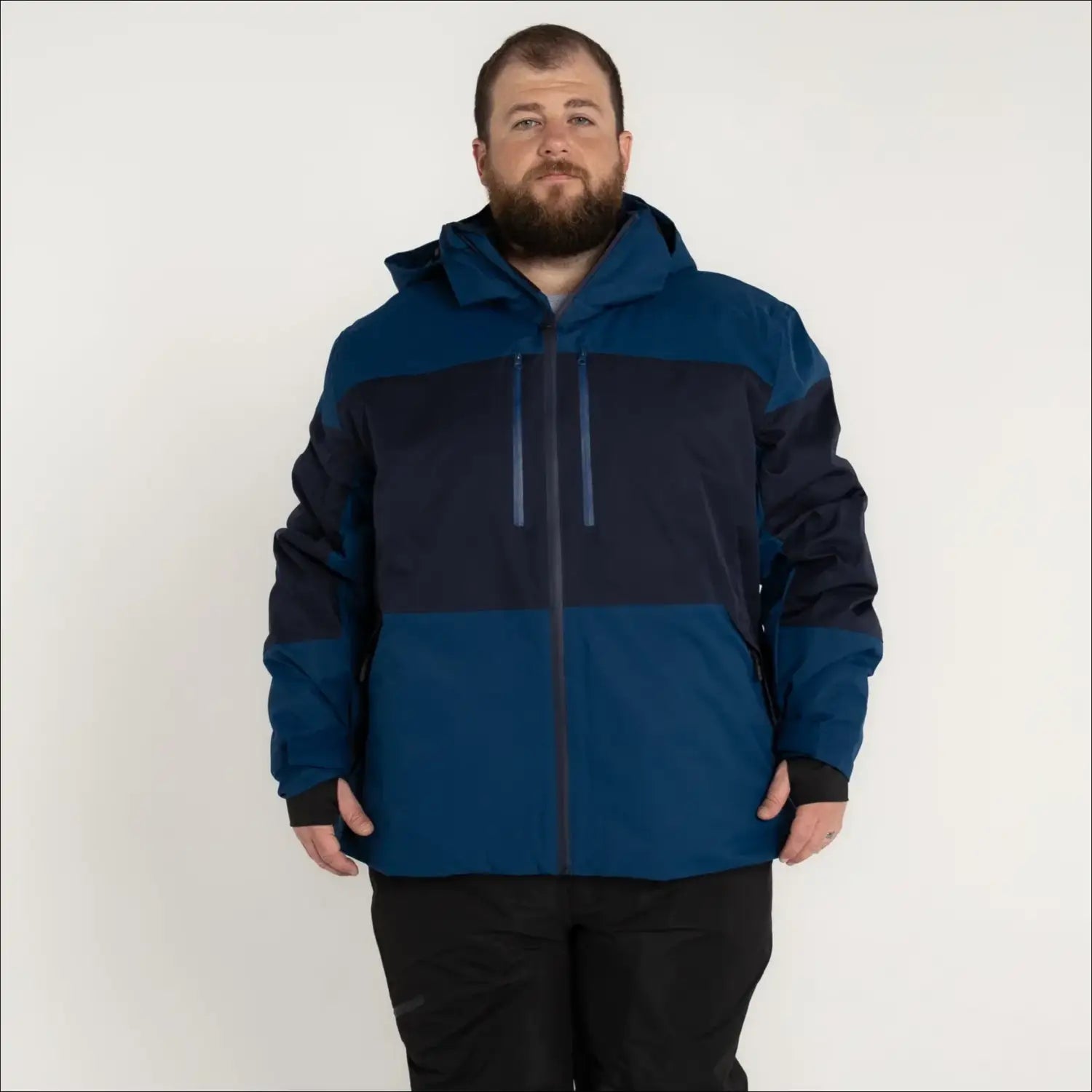Blue and navy hooded insulated winter ski jacket for men large sizes outerwear