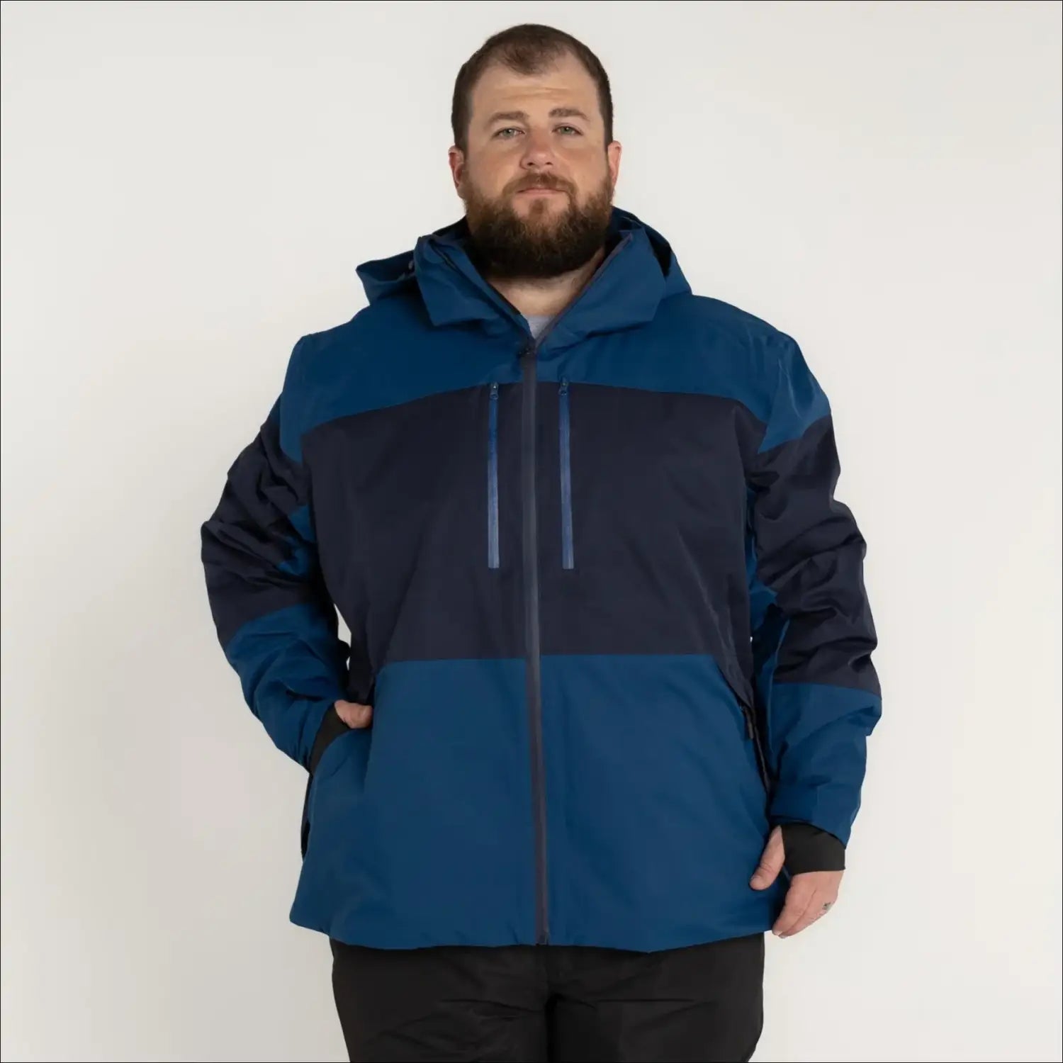 Men’s two-tone blue hooded winter ski jacket insulated for cold weather outdoor activities