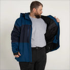 Blue and navy hooded insulated winter ski jacket for men in big sizes