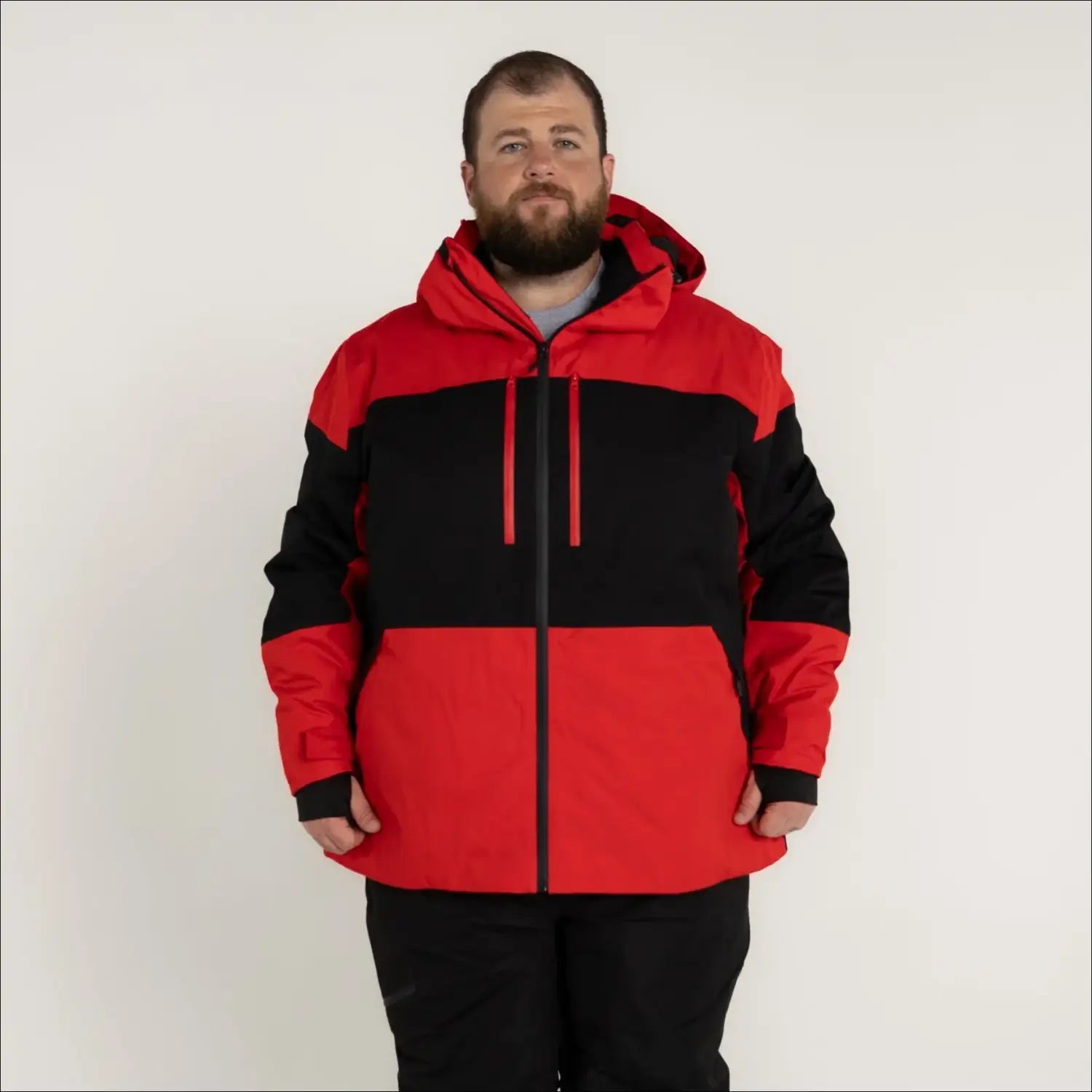 Red and black hooded winter ski jacket for men in Big 2XL-7XL insulated snow coat style