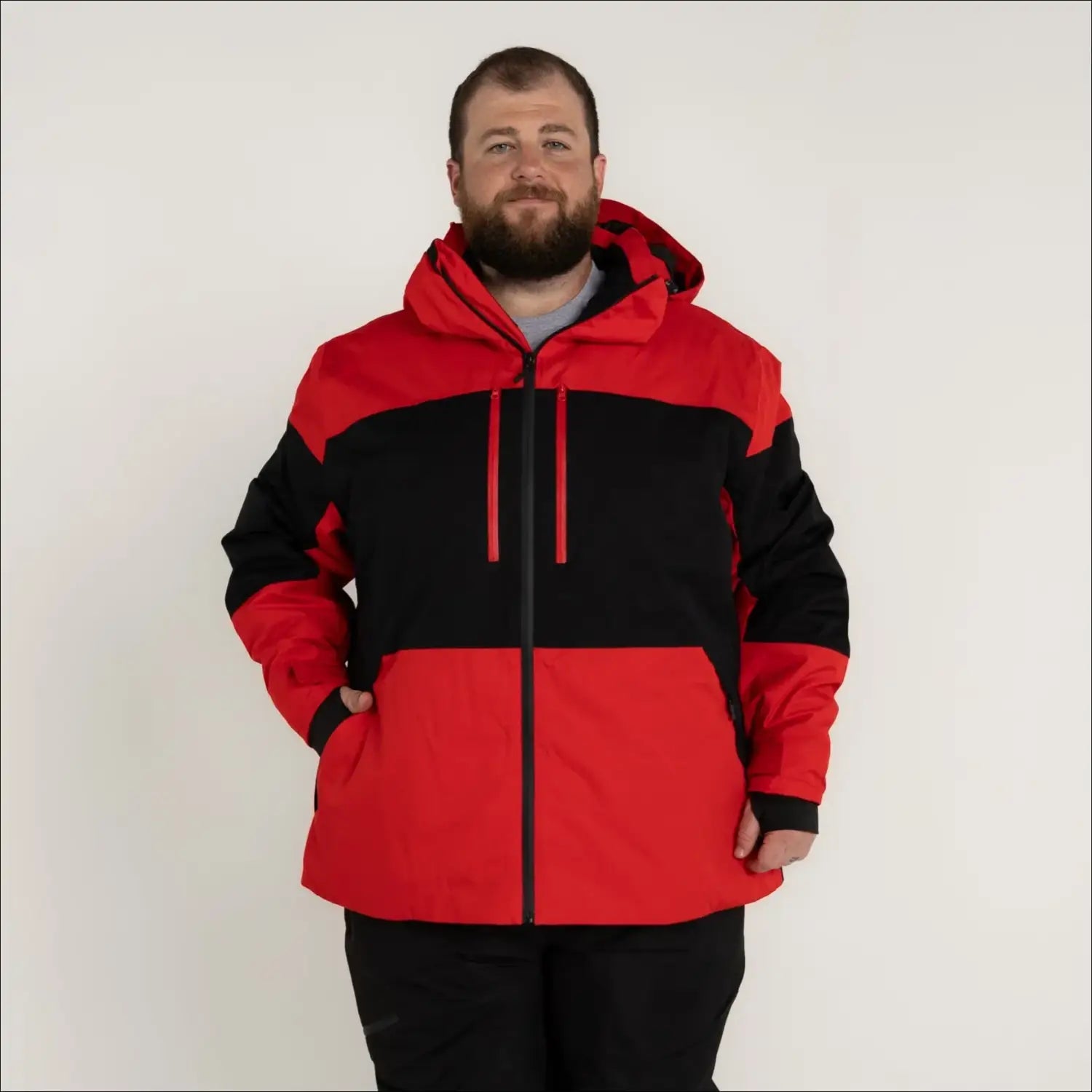 Red and black hooded winter ski jacket for men in sizes 2XL to 7XL