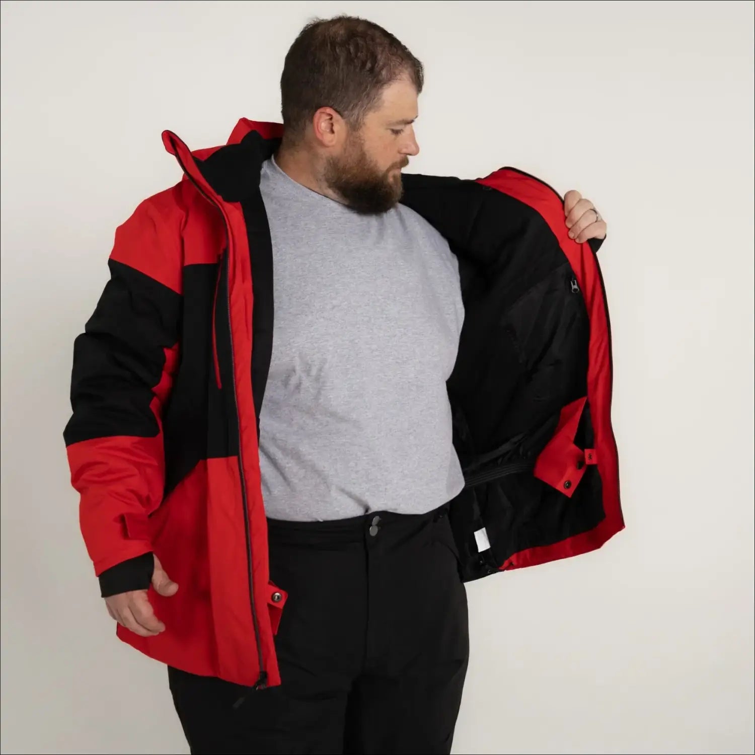 Red and black insulated winter ski jacket for men in big sizes 2XL to 7XL