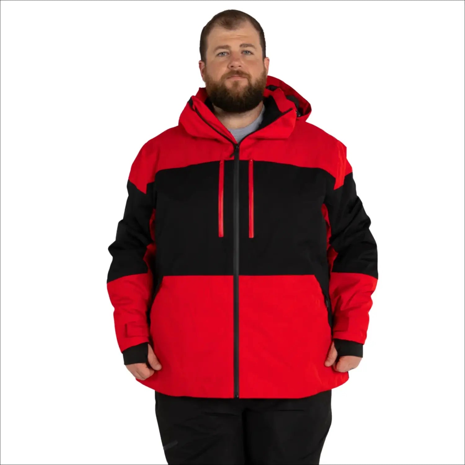 Red and black hooded insulated winter ski jacket for men in Big 2XL to 7XL sizes