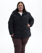 Black Geneva women's plus size mid length synthetic down jacket, front