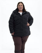 Black Geneva women's plus size mid length synthetic down jacket, front