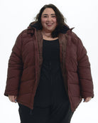 Bourbon Geneva women's plus size mid length synthetic down jacket, front, worn open