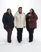 Geneva women's plus size mid length synthetic down jacket in Black, Winter White and Bourbon, sizes 1X to 6X