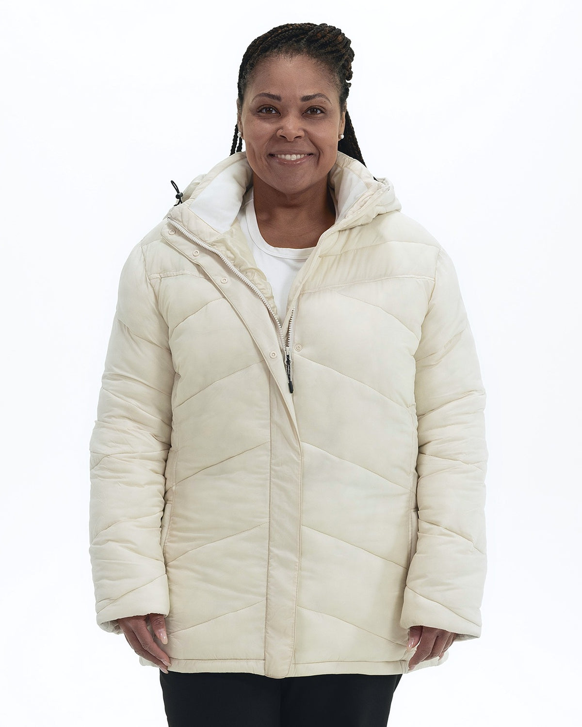 Winter White Geneva women's plus size mid length synthetic down jacket, front