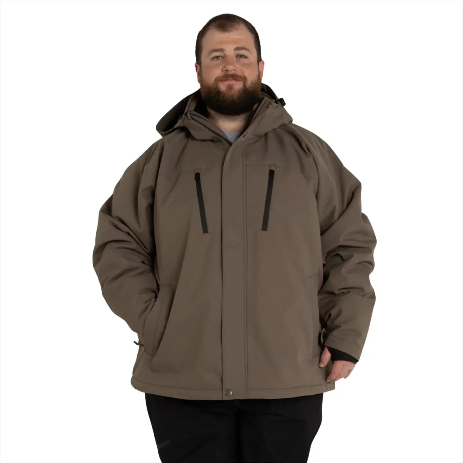 Man wearing a brown hooded Snow Country Outerwear Siberian III insulated winter jacket