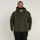 Man in green hooded winter ski jacket suitable for big sizes 2XL to 7XL