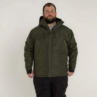 Man in green hooded winter ski jacket suitable for big sizes 2XL to 7XL