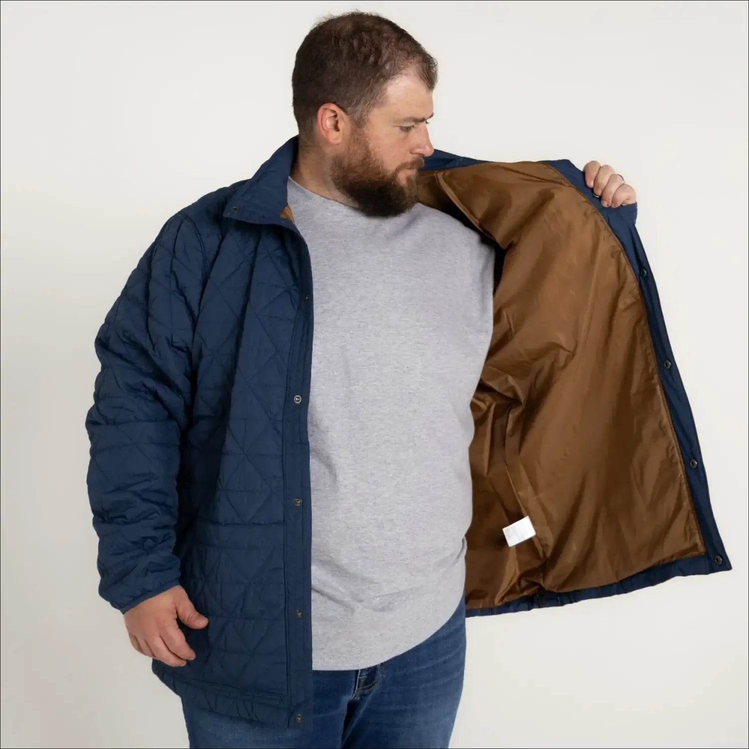 Blue quilted men’s Snow Country Outerwear Big 2XL-7XL Signature Mid Jacket Coat with brown lining