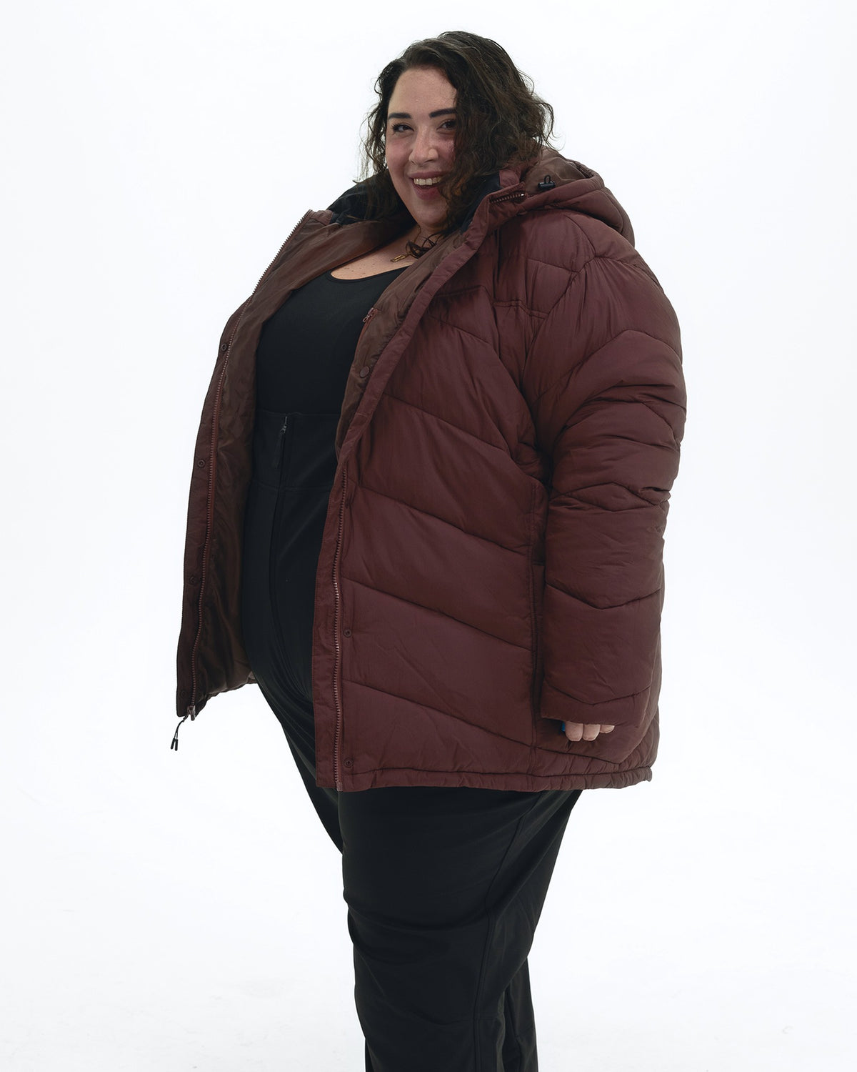 Bourbon Geneva women's plus size mid length synthetic down jacket, three quarter view, worn open