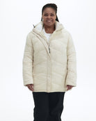 Winter White Geneva women's plus size mid length synthetic down jacket, front, partly unzipped