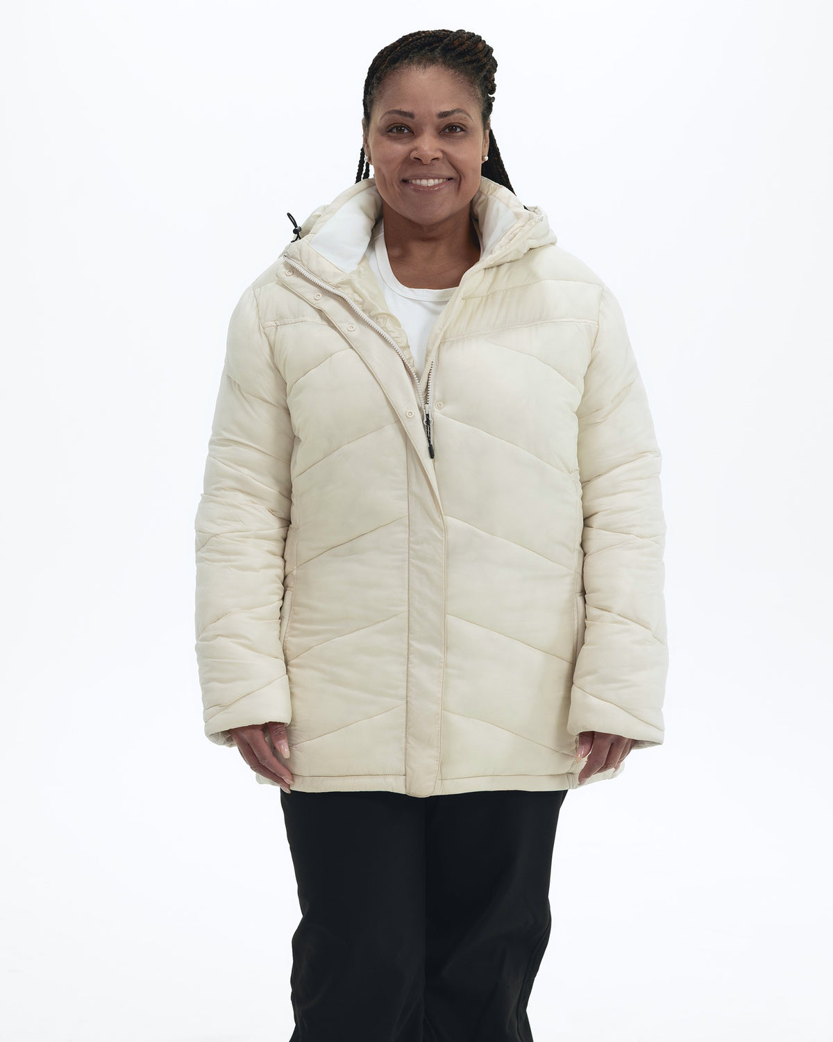 Winter White Geneva women's plus size mid length synthetic down jacket, front, partly unzipped