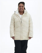 Winter White Geneva women's plus size mid length synthetic down jacket, front, partly unzipped