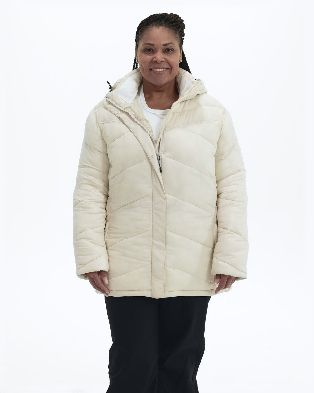 Winter White Geneva women's plus size mid length synthetic down jacket, front, partly unzipped