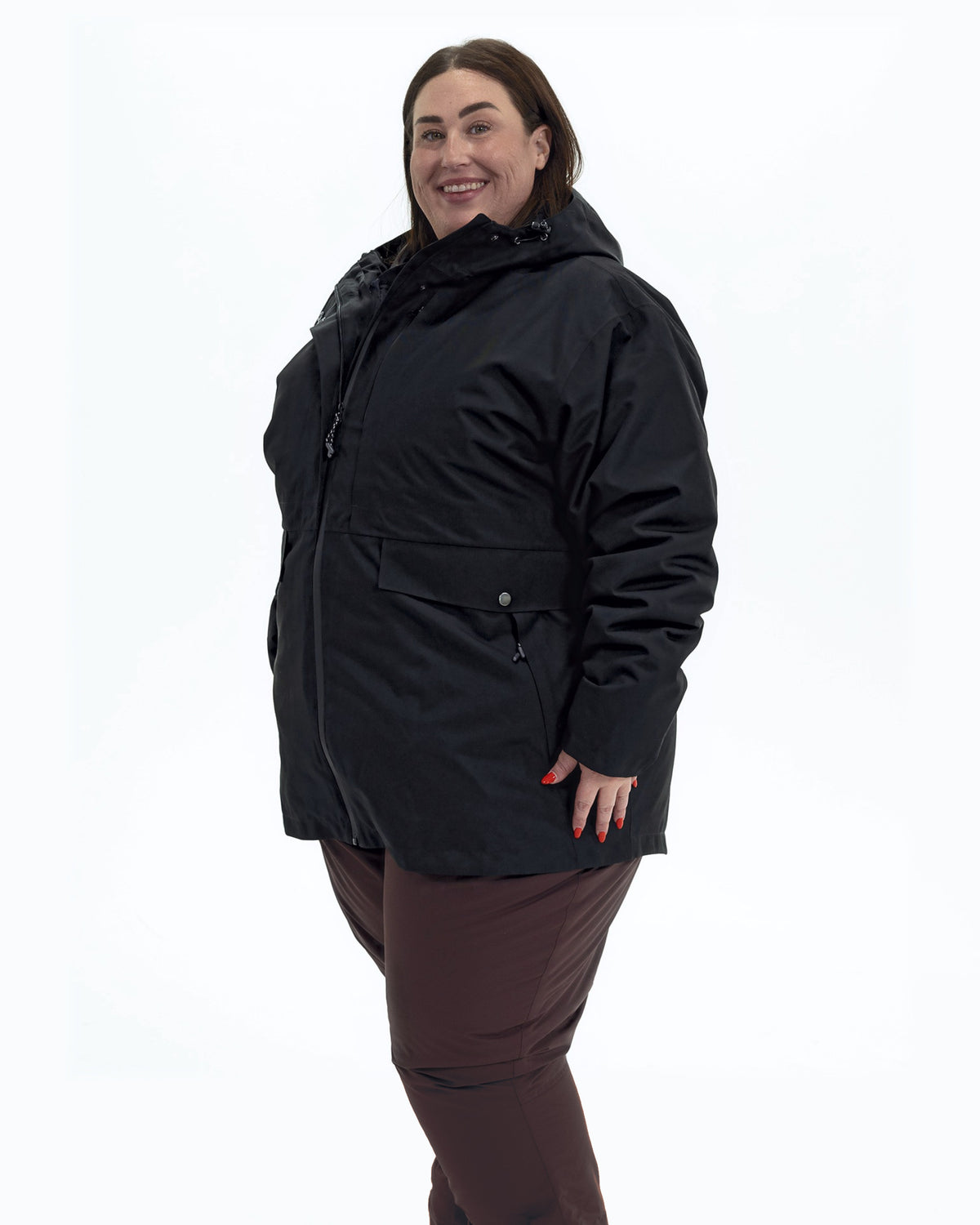 Black Swiss Systems women's plus size 3 in 1 winter jacket, shell, three quarter view