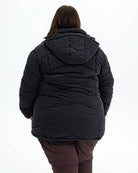Black Geneva women's plus size mid length synthetic down jacket, back with hood