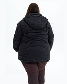 Black Geneva women's plus size mid length synthetic down jacket, back with hood