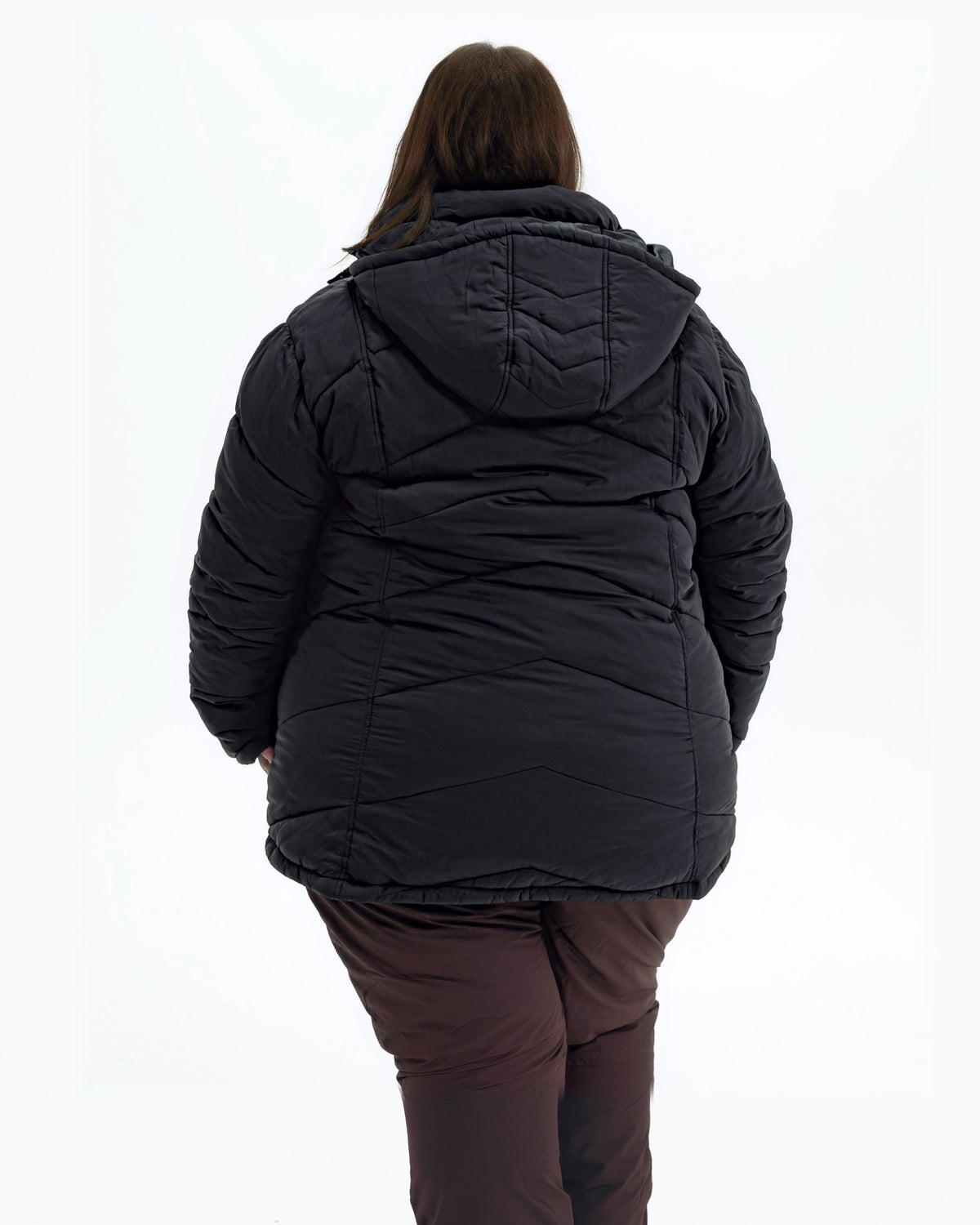 Black Geneva women's plus size mid length synthetic down jacket, back with hood