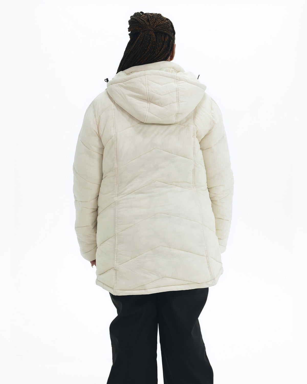 Winter White Geneva women's plus size mid length synthetic down jacket, back with hood