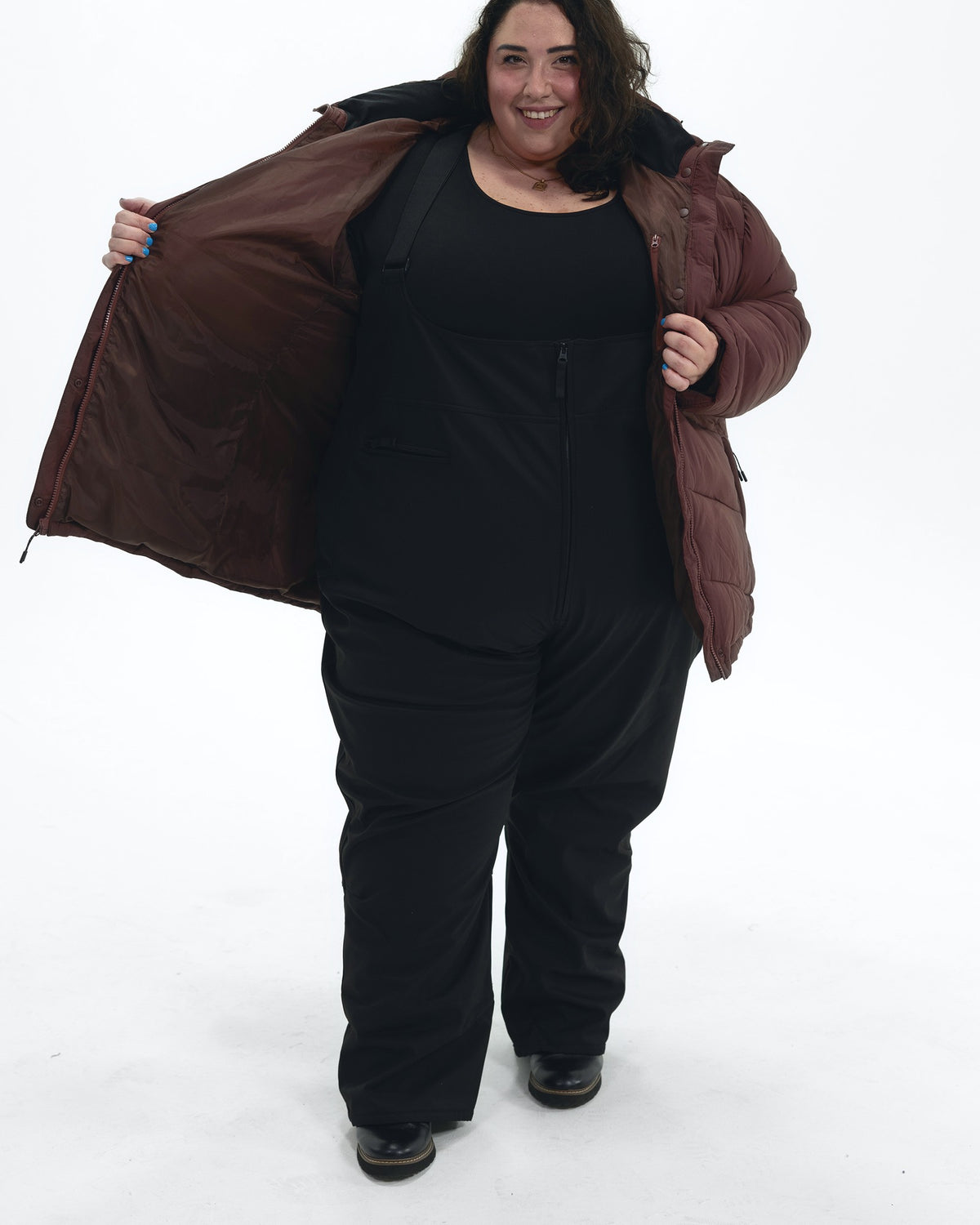 Bourbon Geneva women's plus size mid length synthetic down jacket, worn open showing the lining
