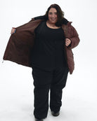 Bourbon Geneva women's plus size mid length synthetic down jacket, worn open showing the lining